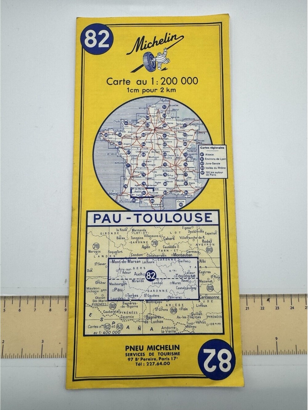 Vintage Michelin Map 82 Pau-Toulouse France Scale Road Map Yellow Cover 1970s